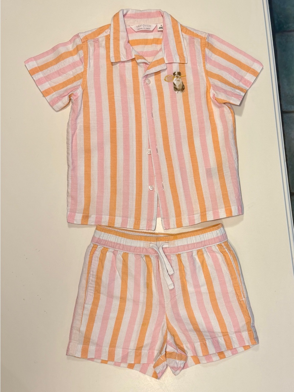 Gray Malin x Janie and Jack Pink, Orange & White Striped Short Linen outfit 3T